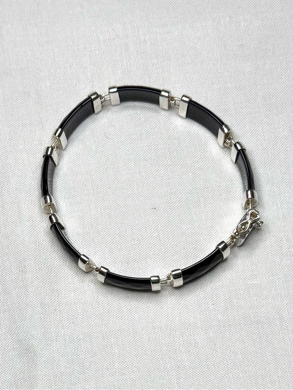 Vintage 925 Sterling Silver Faceted Black Onyx Bar Link Bracelet 7.5", 16g